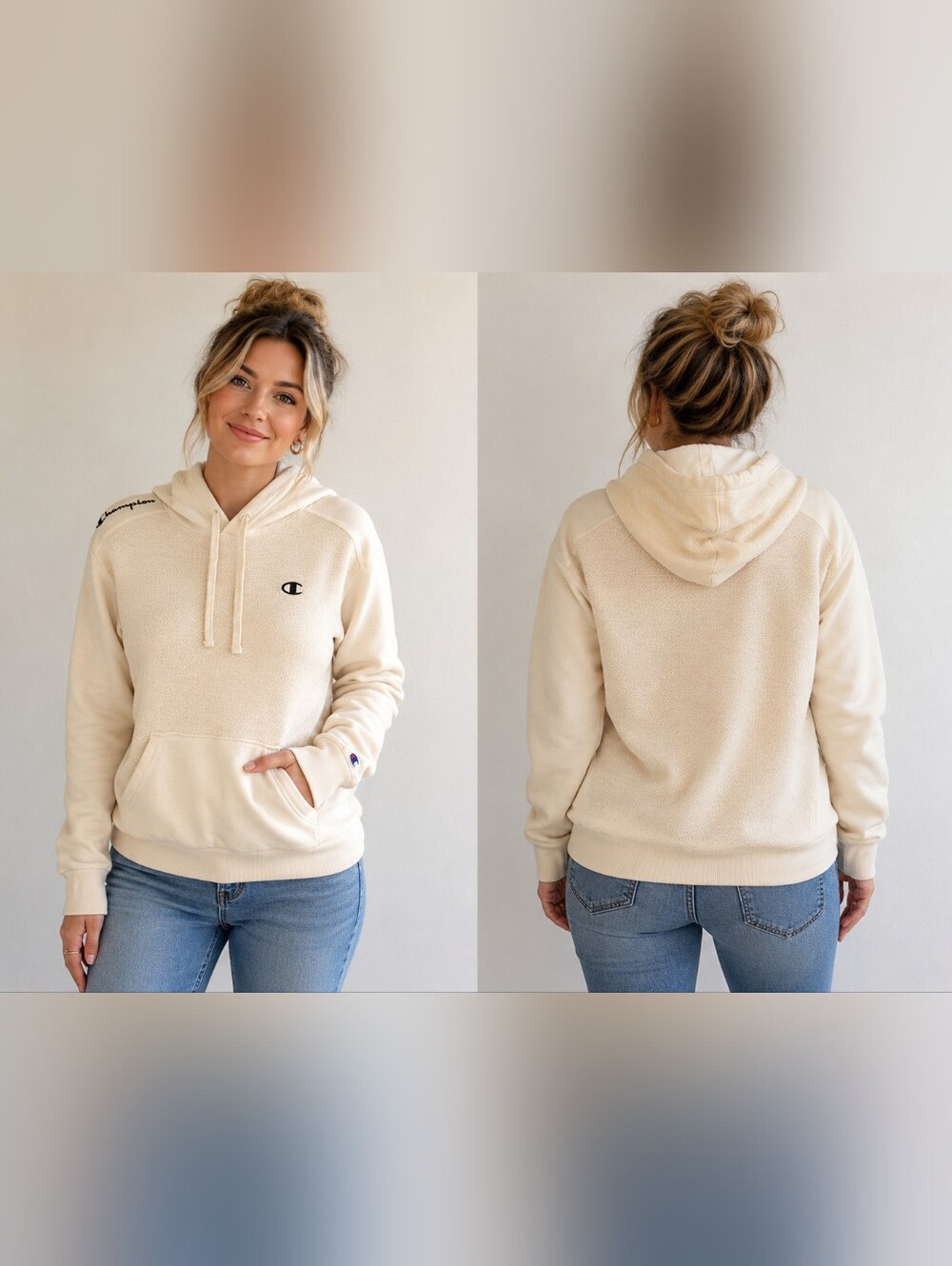 Champion Cream Textured Pullover Hoodie Small Logo Sweatshirt S Beige Kangaroo P